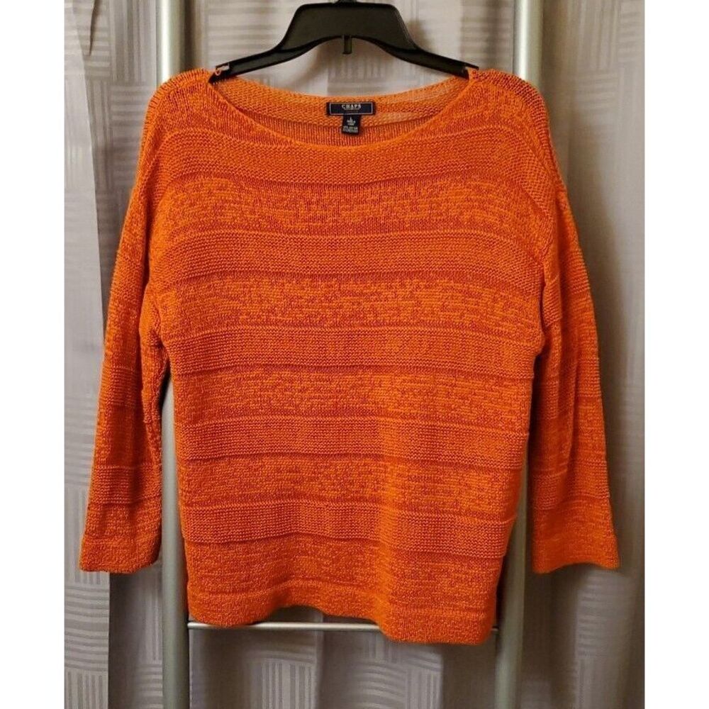 CHAPS PULLOVER SWEATER‎ 3/4 SLEEVE STRIPED ORANGE SZ L
